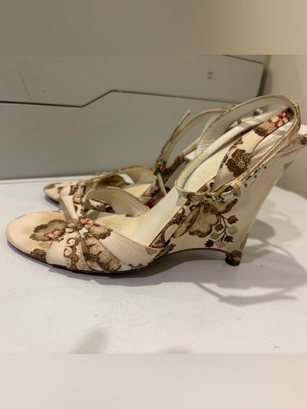 Burberry Cream Floral Slingback Wedge Sandals